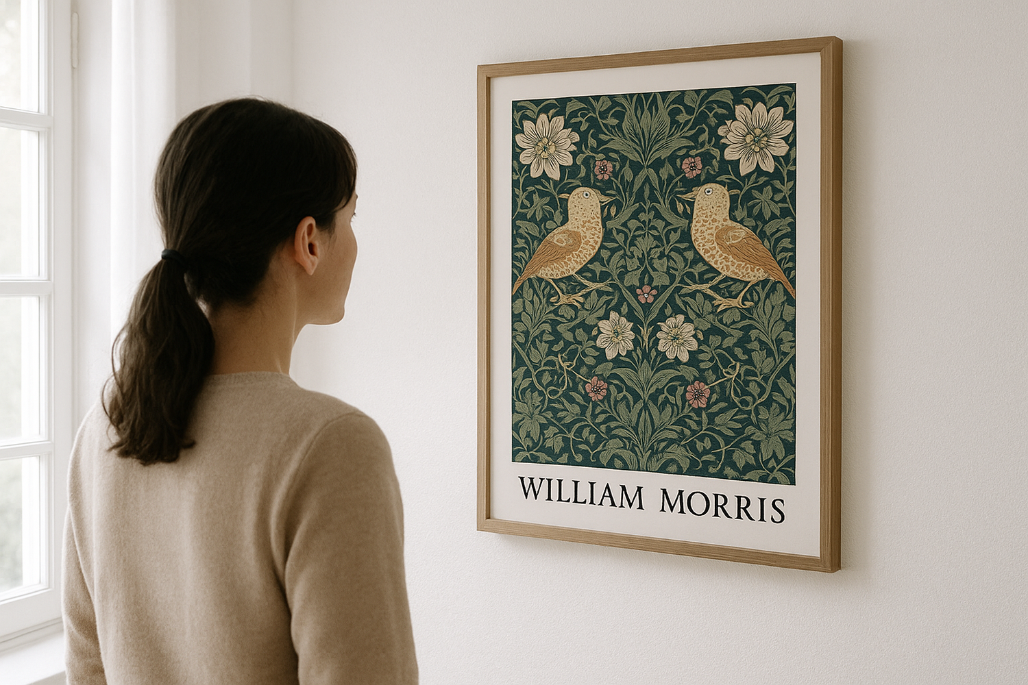 A woman looking at a william morris framed print with birds and his name written at the bottom of the print. sun shining in from a window to the left. make the wall while and the sunlight not to yellow or orange 